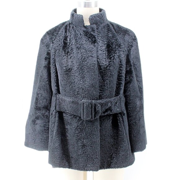 VTG 50s 60s Faux Fur Jacket Black Belted Satin Lined Stand Collar Swing Coat M - Picture 2 of 16